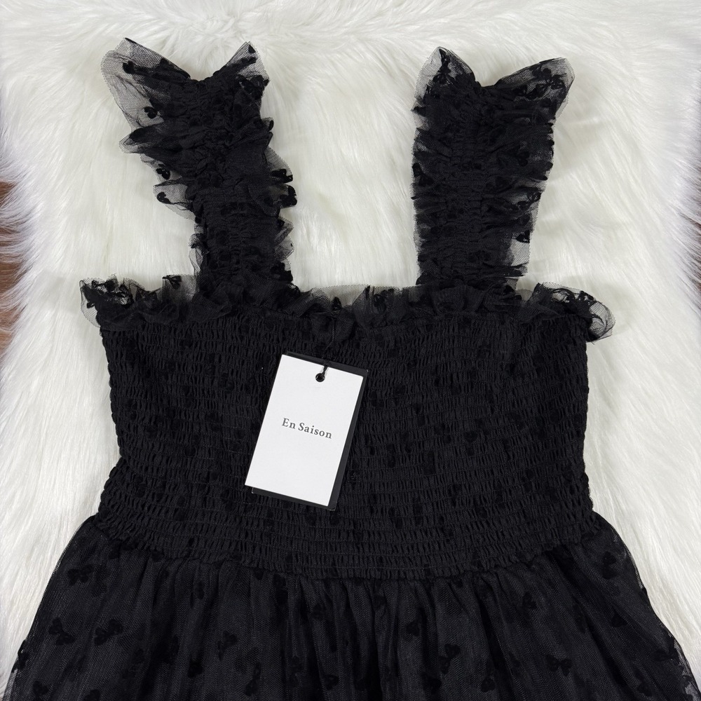 En Saison Women's Size Medium‎ Black Embroidered Bows Casey Flutter Mini Dress - Picture 2 of 12
